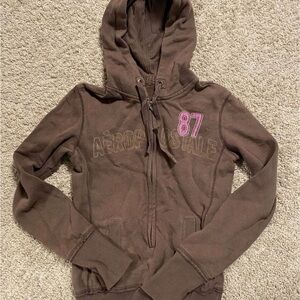 Aeropostale Brown Zip-Up Hoodie with Pink '87' Patch
